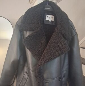 Black Faux Leather Coat with Shearling Collar